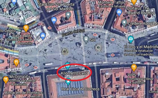 Situación kilómetro cero Puerta del Sol